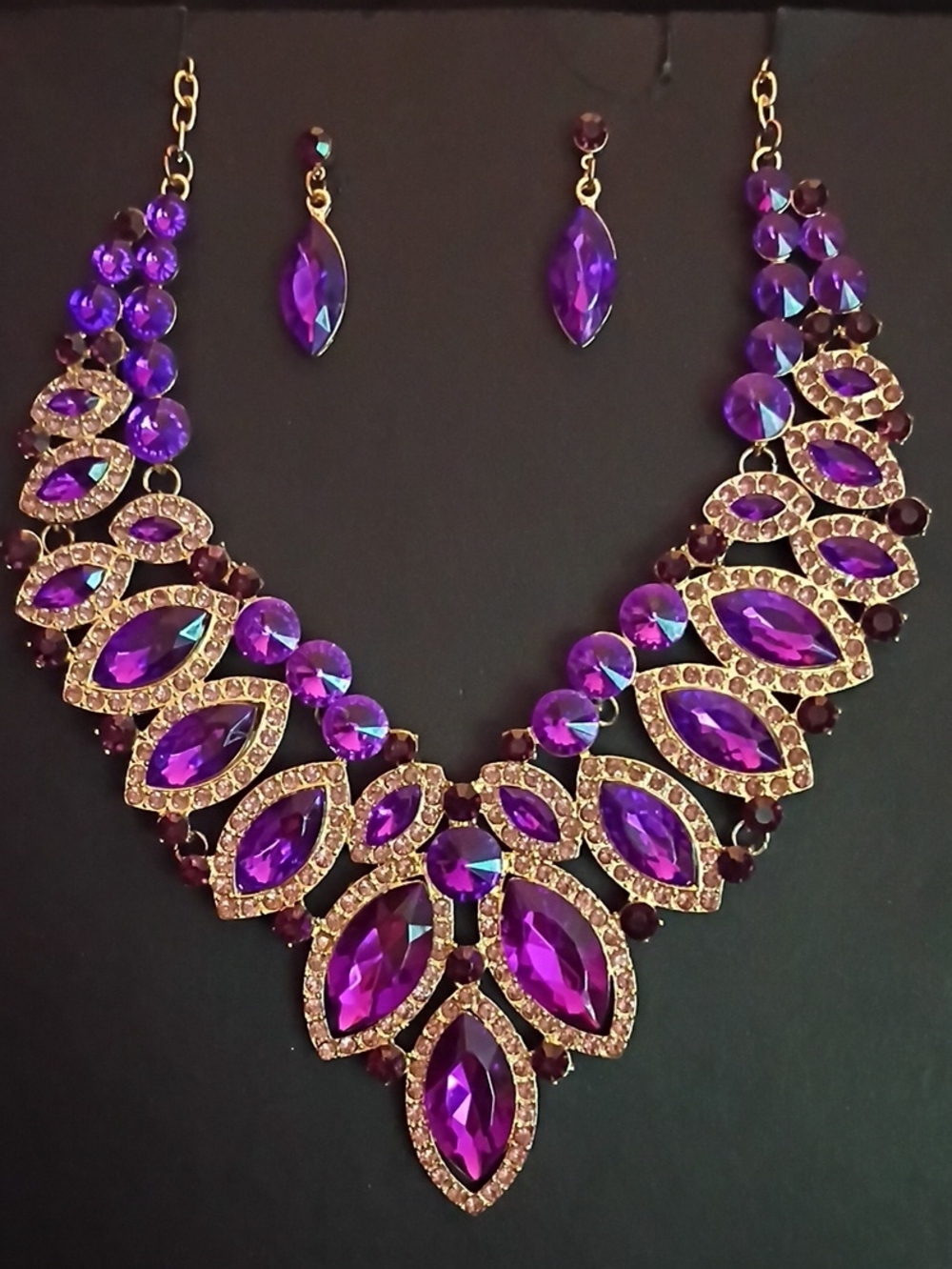 Elegant Purple Crystal Statement Necklace and Earrings Set